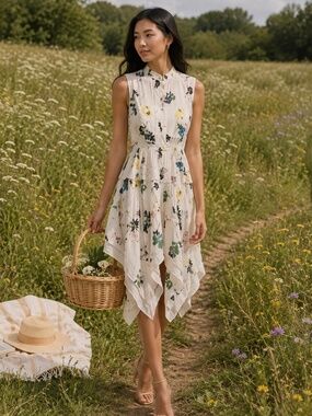 Self-Portrait Asymmetric Graphic Floral-Print Dress